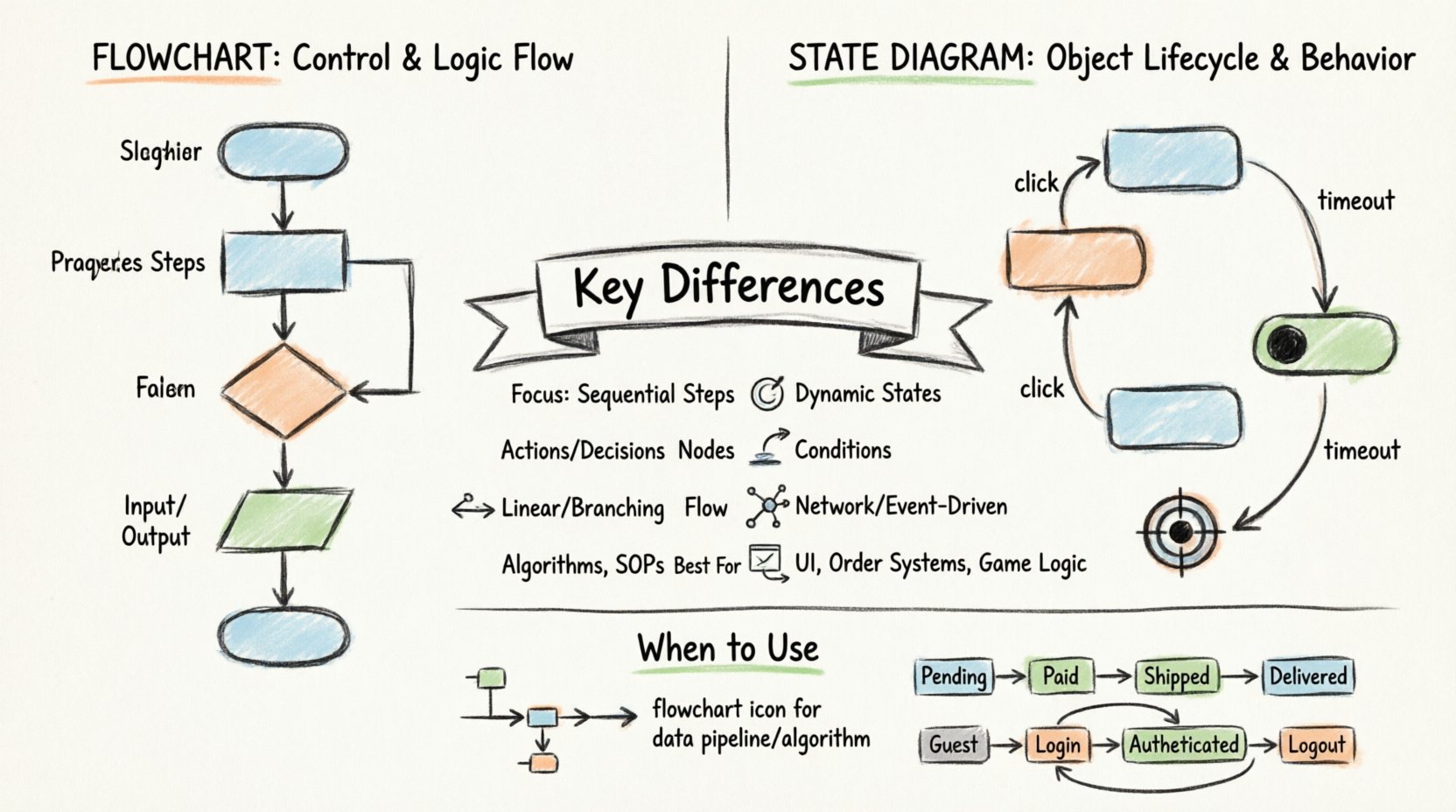 Marker-style educational infographic comparing state diagrams and flowcharts for systems analysis students, illustrating key differences in symbols, primary focus, flow direction, event handling, and ideal use cases with visual examples of procedural algorithms versus object lifecycle modeling