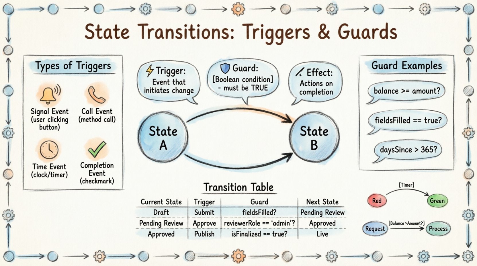 Hand-drawn infographic explaining state machine transitions: shows anatomy of a transition with trigger (event that initiates change), guard (boolean condition that must be true), and effect (actions on completion); illustrates four trigger types (signal, call, time, completion events) with icons; displays guard condition examples like balance>=amount and fieldsFilled==true; includes mini transition table with Draft→Submit→Pending Review workflow; features practical examples of traffic light timer transition and banking withdrawal guard logic; clean sketch style with watercolor accents, 16:9 layout for educational content about system behavior modeling”/></figure>
</div>

<h2>What is a State Transition? 🌊</h2>

<p>A state represents a distinct mode of operation within a system. A transition represents the change from one state to another. This is not merely a visual line on a diagram; it is a logical event that alters the internal context of the application. When a transition occurs, the system discards the current state and enters a new one, potentially executing specific logic during the process.</p>

<p>Consider a simple traffic light system. It moves from Red to Green. This is a transition. However, it does not happen arbitrarily. It waits for a timer to expire. In this scenario:</p>

<ul>
  <li><strong>State:</strong> Red Light</li>
  <li><strong>Transition:</strong> Change to Green Light</li>
  <li><strong>Trigger:</strong> Timer Expiration</li>
</ul>

<p>The transition is the action. The trigger is the catalyst. The guard is the permission slip. Understanding the distinction is vital for architects and developers designing robust logic.</p>

<h2>The Anatomy of a Transition 🧩</h2>

<p>In standard modeling notation, a transition is often described using a specific syntax. A complete transition definition typically includes three components:</p>

<ol>
  <li><strong>Trigger:</strong> The event that initiates the possibility of a transition.</li>
  <li><strong>Guard:</strong> The Boolean condition that must evaluate to true for the transition to proceed.</li>
  <li><strong>Effect:</strong> The actions performed upon successful completion of the transition.</li>
</ol>

<p>When multiple transitions exist between the same states, the system must determine which one to execute. This decision is based on the order of evaluation and the satisfaction of guards. If multiple guards are true, the first defined transition typically takes precedence, though this depends on the specific implementation logic.</p>

<h2>Deep Dive into Triggers ⚡</h2>

<p>A trigger is the signal that wakes up the state machine. It is the external or internal event that demands attention. Without a trigger, a state machine remains static, regardless of how many other states it knows. Triggers can take various forms depending on the complexity of the system.</p>

<h3>Types of Triggers</h3>

<ul>
  <li><strong>Signal Events:</strong> An asynchronous message sent to the system. For example, a user clicking a button or a sensor detecting motion.</li>
  <li><strong>Call Events:</strong> A method invocation. This is synchronous and often used in procedural implementations.</li>
  <li><strong>Time Events:</strong> The passage of time. This includes timeouts or delays. For instance, waiting 30 seconds before timing out a session.</li>
  <li><strong>Completion Events:</strong> The finishing of a process. When an internal action completes, it may trigger a transition to the next state.</li>
</ul>

<h3>Trigger Evaluation Order</h3>

<p>When a system receives a trigger, it does not immediately jump to a new state. It scans all outgoing transitions from the current state to find those that match the trigger. This scanning process follows specific rules:</p>

<ul>
  <li><strong>Matching:</strong> Does any transition list this trigger? If not, the event is ignored or handled by a default mechanism.</li>
  <li><strong>Conflict Resolution:</strong> What if two transitions match the same trigger? The system usually evaluates guards to resolve the ambiguity.</li>
  <li><strong>Priority:</strong> Some systems assign priority to specific transitions, ensuring that critical paths are evaluated first.</li>
</ul>

<p>If no transition matches the trigger, the event is typically discarded. This behavior ensures that the system does not enter an undefined state due to unexpected inputs.</p>

<h2>Deep Dive into Guards 🛡️</h2>

<p>While a trigger asks, “What happened?”, a guard asks, “Is it okay to proceed?”. A guard is a Boolean expression attached to a transition. It acts as a filter. Even if the correct trigger fires, the transition will not occur unless the guard evaluates to true.</p>

<h3>Why Use Guards?</h3>

<p>Guards add conditional logic to the flow without cluttering the state definitions themselves. They allow the same transition trigger to lead to different outcomes based on the current data context.</p>

<ul>
  <li><strong>Validation:</strong> Ensuring data meets requirements before changing state (e.g., checking if a cart total is positive).</li>
  <li><strong>Business Rules:</strong> Enforcing policies (e.g., allowing a refund only if the order is within 30 days).</li>
  <li><strong>Resource Availability:</strong> Checking if a necessary resource exists before proceeding (e.g., checking if a printer is online).</li>
</ul>

<h3>Guard Syntax and Logic</h3>

<p>Guards are typically written as mathematical or logical expressions. They access the current state data and the event parameters. Common operators include:</p>

<ul>
  <li><strong>Comparison:</strong> <code>value > 100</code>, <code>status == 'active'</code></li>
  <li><strong>Logical Operators:</strong> <code>AND</code>, <code>OR</code>, <code>NOT</code></li>
  <li><strong>Membership:</strong> <code>items.contains('discount')</code></li>
</ul>

<p>If a guard evaluates to false, the transition is blocked. The system remains in the current state. The trigger is consumed, but no state change occurs. This is a crucial distinction from a missing trigger. The event was handled, but the condition was not met.</p>

<h2>Interaction Between Triggers and Guards 🤝</h2>

<p>The relationship between triggers and guards determines the robustness of the system. A common pitfall is relying solely on triggers and assuming the system will handle all edge cases. Guards provide the necessary safety net.</p>

<p>Consider a withdrawal process in a banking system. The trigger might be “Request Withdrawal”. However, the guard might be “Balance >= Amount”. If the user requests a withdrawal of $1000 but the balance is $500, the guard fails. The state remains “Balance Check” rather than moving to “Processing”.</p>

<p>This separation of concerns allows for cleaner design. The trigger defines the <em>intent</em>, while the guard defines the <em>feasibility</em>.</p>

<h2>Visualizing Transitions with Tables 📊</h2>

<p>While diagrams are excellent for high-level visualization, transition tables are often superior for detailed specification and testing. A transition table lists every possible combination of current state, trigger, and guard condition, mapping them to the resulting state.</p>

<p>Here is an example structure for a document processing system:</p>

<table>
  <thead>
    <tr>
      <th>Current State</th>
      <th>Trigger</th>
      <th>Guard Condition</th>
      <th>Next State</th>
    </tr>
  </thead>
  <tbody>
    <tr>
      <td>Draft</td>
      <td>Submit</td>
      <td><code>fieldsFilled == true</code></td>
      <td>Pending Review</td>
    </tr>
    <tr>
      <td>Draft</td>
      <td>Submit</td>
      <td><code>fieldsFilled == false</code></td>
      <td>Draft</td>
    </tr>
    <tr>
      <td>Pending Review</td>
      <td>Approve</td>
      <td><code>approvedByManager == true</code></td>
      <td>Published</td>
    </tr>
    <tr>
      <td>Pending Review</td>
      <td>Reject</td>
      <td><code>true</code></td>
      <td>Draft</td>
    </tr>
    <tr>
      <td>Published</td>
      <td>Archive</td>
      <td><code>daysSince > 365</code></td>
      <td>Archived</td>
    </tr>
  </tbody>
</table>

<p>Using a table like this helps identify gaps in logic. If a row is missing for a specific trigger, it implies that the event is invalid for that state, which can be a source of bugs if not explicitly documented.</p>

<h2>Common Patterns and Anti-Patterns 🚦</h2>

<p>Designing state transitions involves recognizing patterns that work well and avoiding those that create complexity.</p>

<h3>Effective Patterns</h3>

<ul>
  <li><strong>Self-Transitions:</strong> A transition that starts and ends in the same state. This is useful for handling internal events without changing the core mode. For example, logging an error while remaining in the “Error Handling” state.</li>
  <li><strong>Parallel States:</strong> When multiple independent states exist simultaneously, transitions in one should not block the other. This requires careful synchronization.</li>
  <li><strong>Default Transitions:</strong> Using a default guard (e.g., <code>true</code>) to catch any unmatched triggers, ensuring no event is silently ignored.</li>
</ul>

<h3>Anti-Patterns to Avoid</h3>

<ul>
  <li><strong>Spaghetti Transitions:</strong> A web of lines crossing over each other without clear structure. This makes maintenance difficult. Group related transitions together.</li>
  <li><strong>Guard Overload:</strong> Placing complex logic inside guards makes the diagram unreadable. If a guard requires more than three conditions, consider moving the logic to an action or a separate service.</li>
  <li><strong>Missing Error States:</strong> Failing to define a state for when a transition is impossible. Every trigger should have a defined outcome, even if it means staying in the current state.</li>
</ul>

<h2>Implementation Considerations ⚙️</h2>

<p>Translating a diagram into code requires discipline. The logical structure should mirror the visual model as closely as possible to maintain consistency.</p>

<h3>Data Flow</h3>

<p>Guards often need access to data. Ensure that the state machine has a mechanism to query the current data context. This is often achieved through a shared context object or a repository pattern. The state machine itself should not manage data persistence; it should manage flow.</p>

<h3>Asynchronous Handling</h3>

<p>Triggers often arrive asynchronously. In a multi-threaded environment, race conditions can occur. If two triggers arrive simultaneously, the order of processing matters. The state machine implementation must queue events or lock the state during evaluation to prevent inconsistent transitions.</p>

<h3>History States</h3>

<p>Sometimes a system needs to remember where it left off. History states allow a transition to return to a specific sub-state within a composite state. This is particularly useful for multi-step wizards or complex workflows where users may navigate back and forth.</p>

<h2>Debugging State Machine Logic 🔍</h2>

<p>When a system behaves unexpectedly, state machines can be difficult to trace because the state is invisible until it changes. Effective debugging requires visibility into the transition path.</p>

<h3>Logging Strategy</h3>

<p>Implement comprehensive logging at the transition level. Every time a transition is evaluated, log:</p>

<ul>
  <li>The current state.</li>
  <li>The incoming trigger.</li>
  <li>The guard evaluation result (true/false).</li>
  <li>The resulting state (or if it was blocked).</li>
</ul>

<p>This creates an audit trail that helps reconstruct the sequence of events leading to a bug.</p>

<h3>Testing Scenarios</h3>

<p>Unit tests should cover every row in the transition table. For each state and trigger combination, assert the expected next state. This ensures that guards are functioning correctly and that no accidental transitions are possible.</p>

<ul>
  <li><strong>Happy Path:</strong> Verify successful transitions work as designed.</li>
  <li><strong>Edge Cases:</strong> Test boundary conditions in guards (e.g., exactly 0 vs 1).</li>
  <li><strong>Invalid Inputs:</strong> Ensure invalid triggers do not cause crashes or undefined states.</li>
</ul>

<h2>Summary of Best Practices ✅</h2>

<p>To maintain a healthy state machine architecture, adhere to these core principles:</p>

<ul>
  <li><strong>Clarity:</strong> Keep transitions simple. If logic is complex, move it out of the guard.</li>
  <li><strong>Completeness:</strong> Define behavior for all possible triggers in every state.</li>
  <li><strong>Consistency:</strong> Use standard naming conventions for triggers and states.</li>
  <li><strong>Documentation:</strong> Keep the diagram and the code synchronized. If the code changes, the diagram must be updated.</li>
  <li><strong>Validation:</strong> Use guard conditions to validate data before changing state, not after.</li>
</ul>

<p>By treating triggers and guards as the fundamental building blocks of system behavior, designers can create systems that are predictable, testable, and maintainable. The transition is not just a line on a page; it is the heartbeat of the logic, pulsing with the energy of events and the discipline of conditions.</p></div>




<div class=
