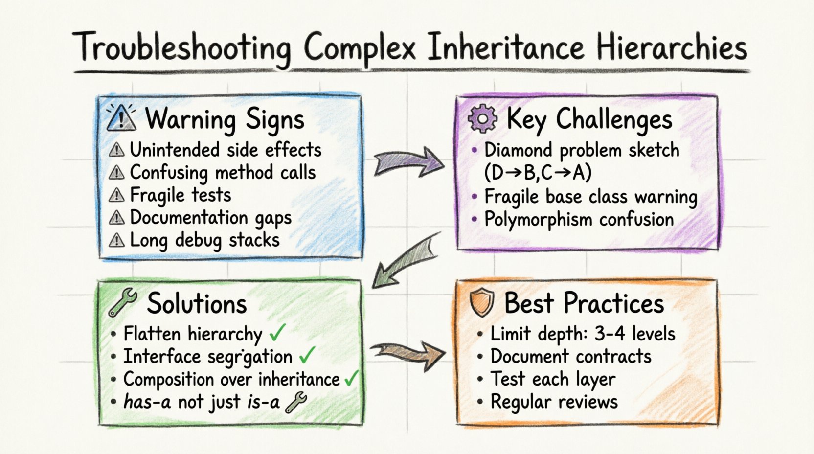 Hand-drawn whiteboard infographic illustrating how to troubleshoot complex inheritance hierarchies in object-oriented programming: warning signs (unintended side effects, fragile tests), key challenges (diamond problem, fragile base class), remediation strategies (flatten hierarchy, interface segregation, composition over inheritance), and best practices (limit depth, document contracts, test layers) with color-coded marker sections for visual clarity