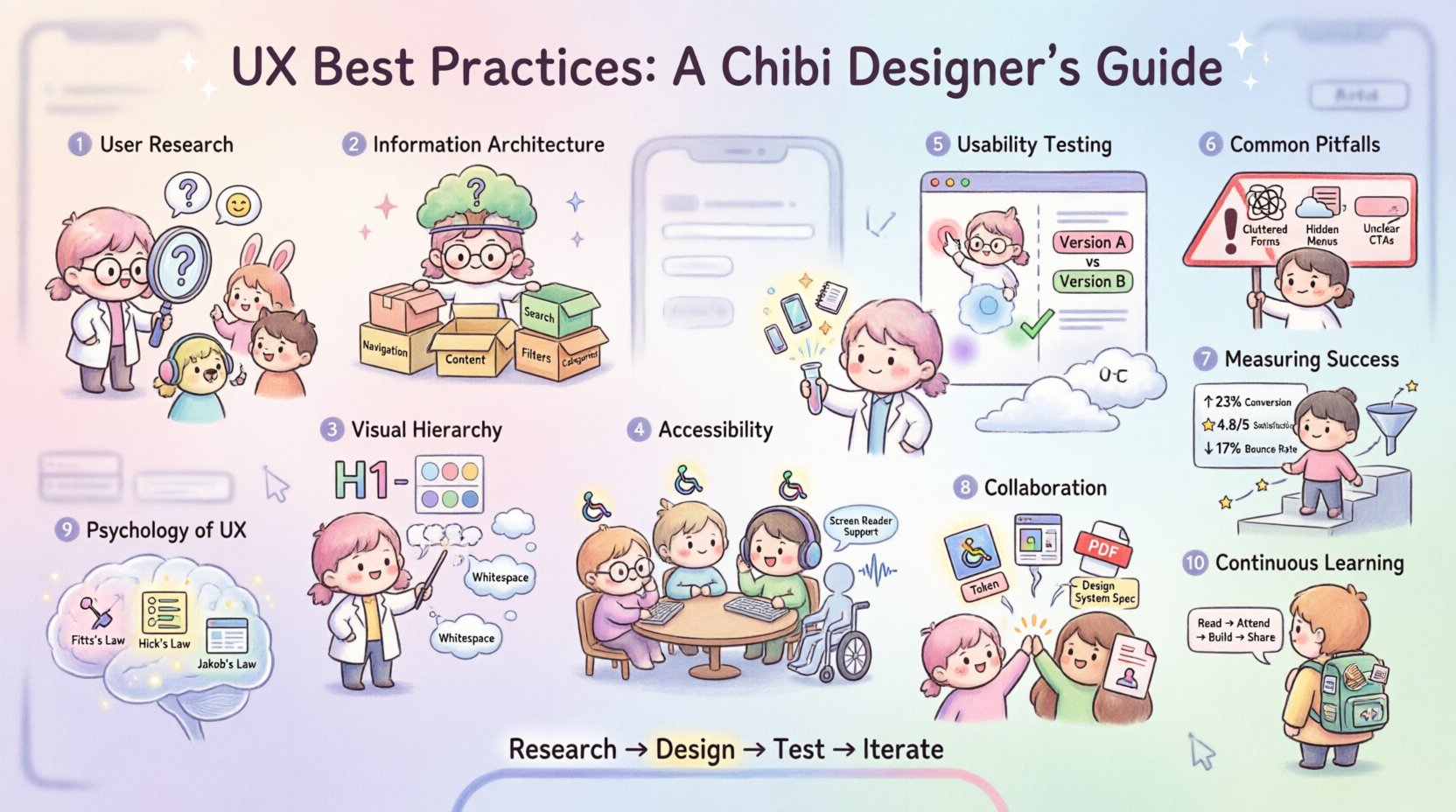 Chibi-style infographic illustrating 10 UX design best practices: user research with interviews and personas, information architecture with sitemaps and navigation, visual hierarchy using typography and color, accessibility standards including contrast and screen readers, usability testing methods like A/B testing and heatmaps, common pitfalls to avoid, success metrics such as conversion rate and satisfaction, collaboration handoff with prototypes and design tokens, psychology principles like Fitts's and Hick's Law, and continuous learning through portfolios and feedback. Features cute chibi characters, pastel colors, and clear visual flow in 16:9 format for aspiring UX designers.