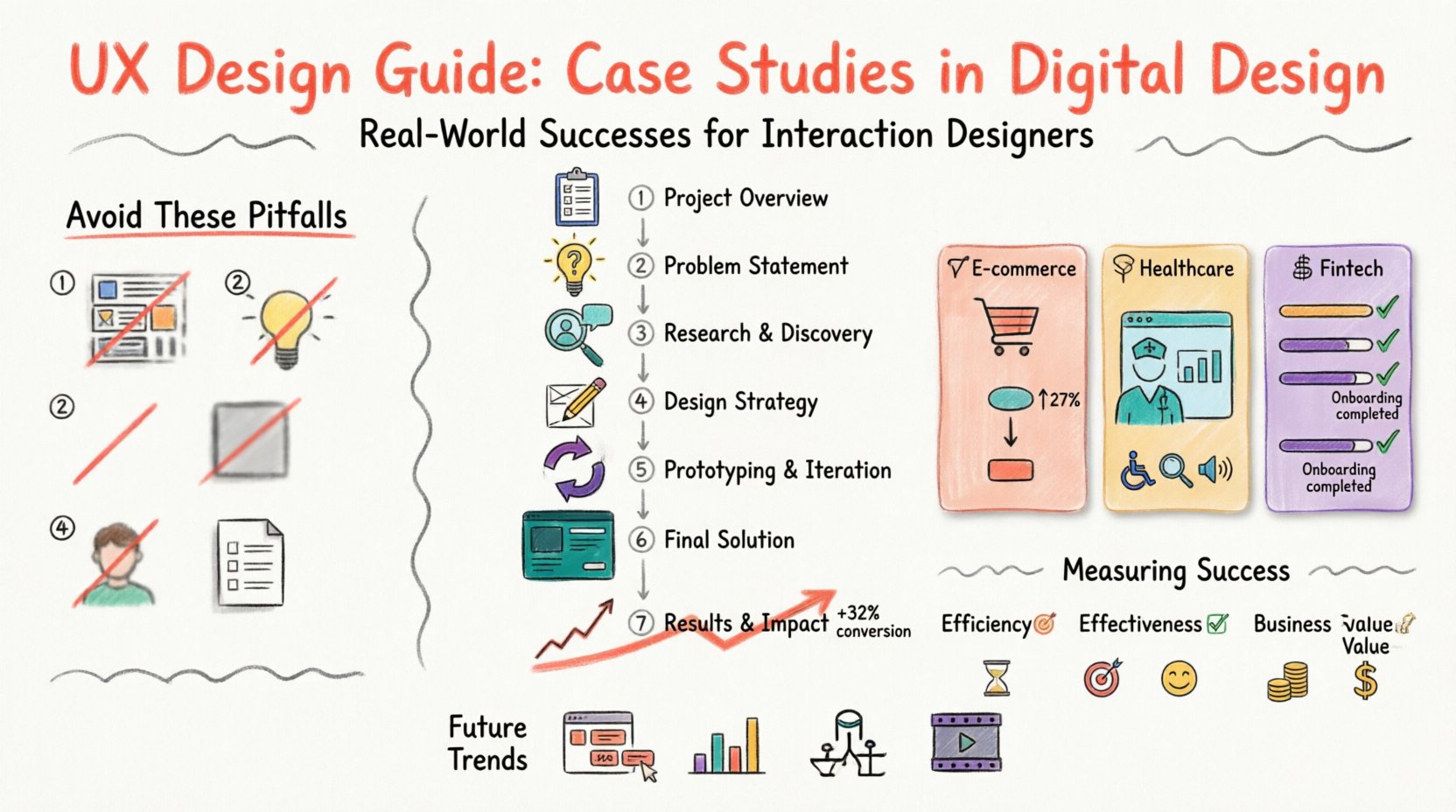 Marker-style infographic illustrating UX design case study guide: 7-step portfolio framework (project overview, problem statement, research, design strategy, prototyping, final solution, results), three real-world success stories (e-commerce checkout optimization with guest flow, healthcare dashboard accessibility for nurses, fintech onboarding with progress indicators), key metrics for measuring design impact (efficiency, effectiveness, satisfaction, business value), common documentation pitfalls to avoid, and emerging trends like interactive prototypes and accessibility-first design, presented in colorful hand-drawn marker illustration style, 16:9 aspect ratio