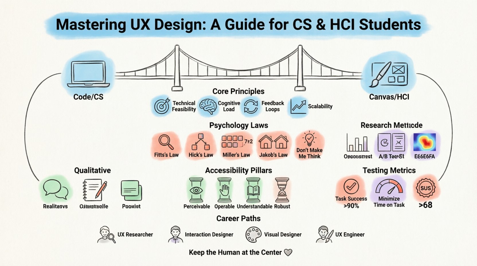 Infographic: Mastering UX Design for CS and HCI Students - Visual guide covering core principles (technical feasibility, cognitive load, feedback loops, scalability), psychology laws (Fitts's, Hick's, Miller's, Jakob's), research methods (qualitative vs quantitative), accessibility pillars (perceivable, operable, understandable, robust), usability testing metrics, and UX career paths. Flat design with pastel accents, black outlines, and rounded shapes for student-friendly learning.