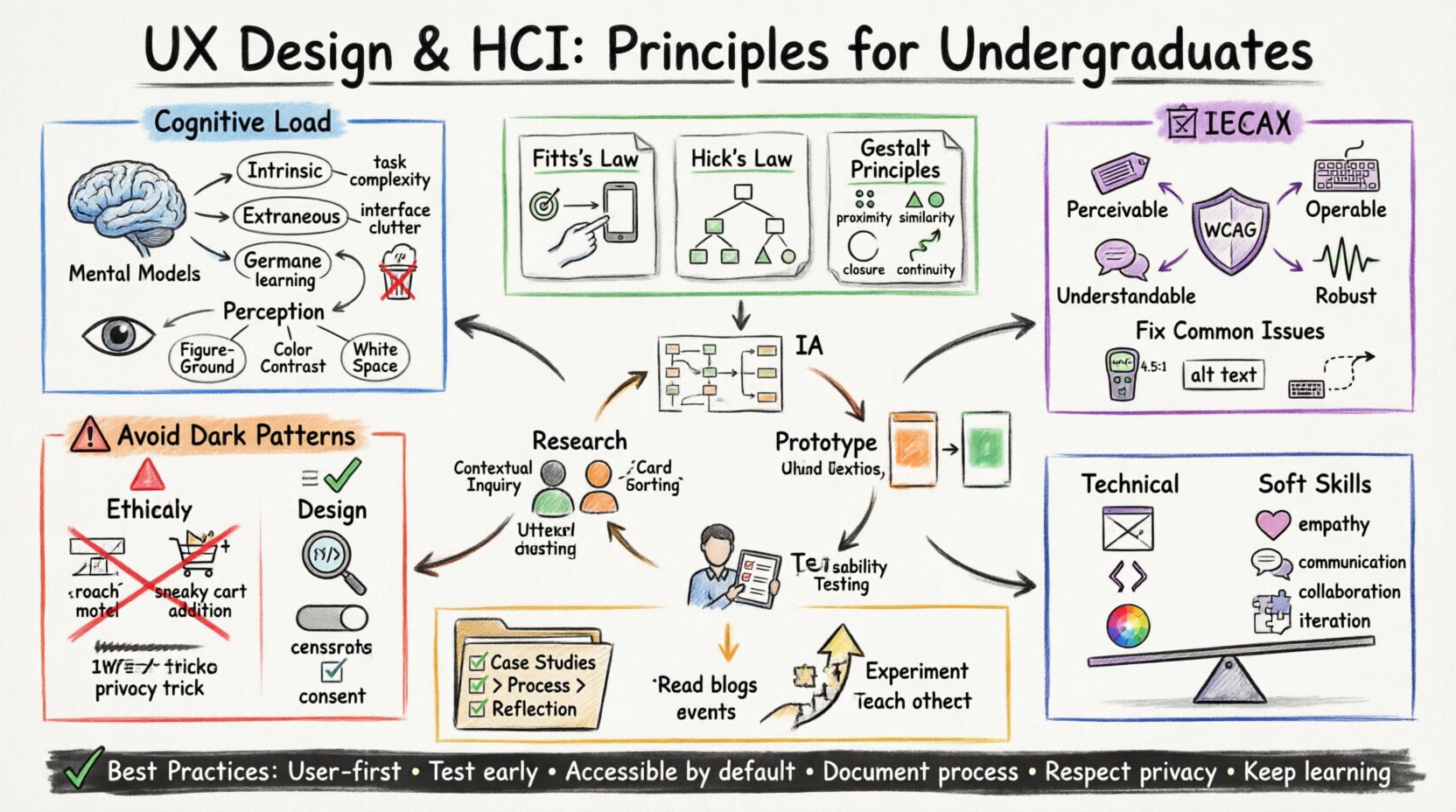 Hand-drawn whiteboard infographic summarizing UX Design and Human-Computer Interaction principles for undergraduates: cognitive load types, mental models, Fitts's Law, Hick's Law, Gestalt principles, iterative design process (research-IA-prototype-test), WCAG accessibility pillars, ethical design vs dark patterns, essential technical and soft skills, portfolio building tips, and best practices checklist - all color-coded with marker-style visuals on a 16:9 whiteboard background