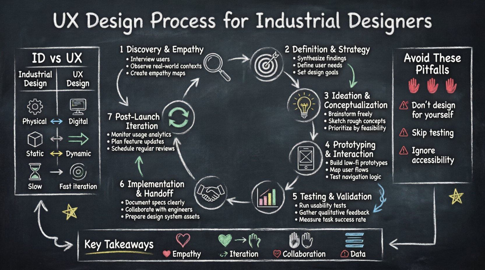 Chalkboard-style infographic illustrating the 7-phase UX design process for industrial designers: Discovery, Definition, Ideation, Prototyping, Testing, Implementation, and Post-Launch Iteration. Features hand-written teacher-style notes, ID vs UX comparison table, common pitfalls to avoid, and key takeaways on empathy, iteration, collaboration, and data-driven design. Dark slate background with colorful chalk accents in white, yellow, green, and pink.