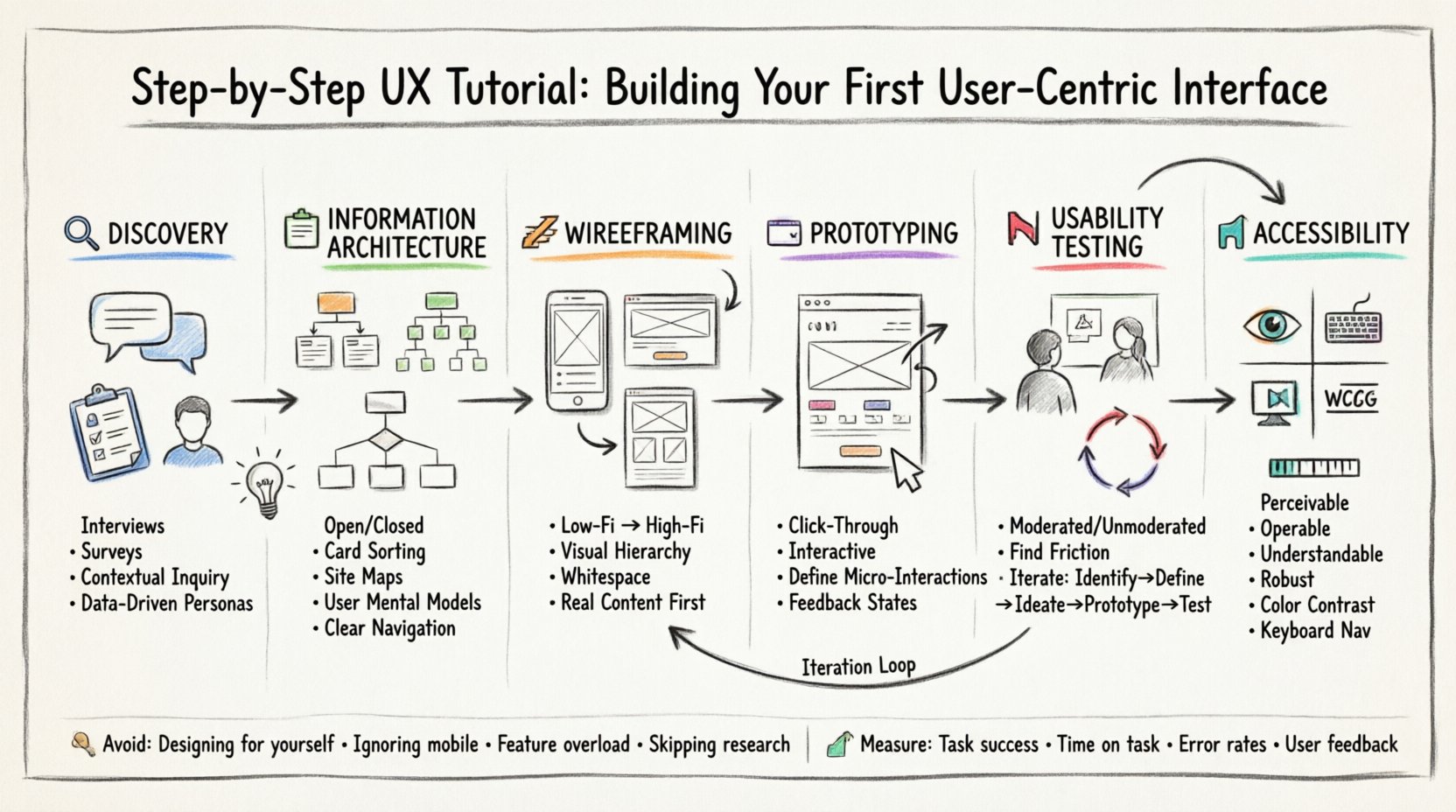 Hand-drawn whiteboard infographic illustrating the 6-phase user-centric UX design process: Discovery Research (interviews, surveys, personas), Information Architecture (card sorting, sitemaps), Wireframing (low-fi to high-fi, visual hierarchy), Prototyping (interactive flows, micro-interactions), Usability Testing (feedback loops, iteration cycle), and Accessibility (WCAG principles: perceivable, operable, understandable, robust). Color-coded markers distinguish concepts, with key pitfalls to avoid and success metrics highlighted. Horizontal 16:9 layout with organic whiteboard texture, icons, and iterative workflow arrows.