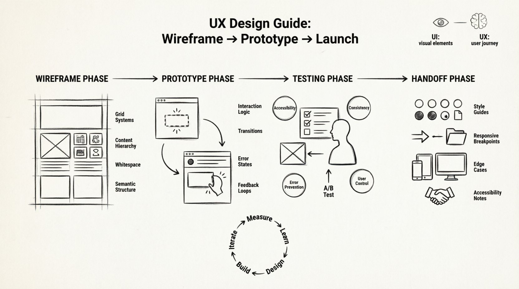 Line art infographic illustrating the UX design workflow for computer science students: four-phase process from wireframing (grid systems, content hierarchy, semantic structure) through prototyping (interaction logic, transitions, error states) to usability testing (heuristic evaluation, accessibility) and developer handoff (style guides, responsive breakpoints, documentation), with continuous improvement loop and UI vs UX comparison, clean minimalist black outline style on white background, 16:9 aspect ratio