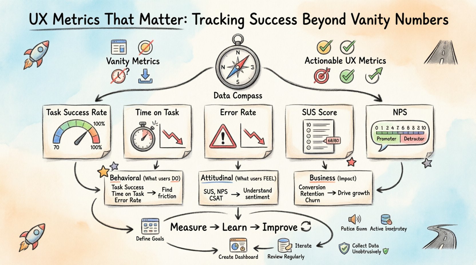 Hand-drawn infographic illustrating essential UX metrics beyond vanity numbers, featuring Task Success Rate, Time on Task, Error Rate, SUS, and NPS with behavioral vs attitudinal vs business metric comparison, data collection best practices, and a measure-learn-improve workflow cycle for user experience design teams