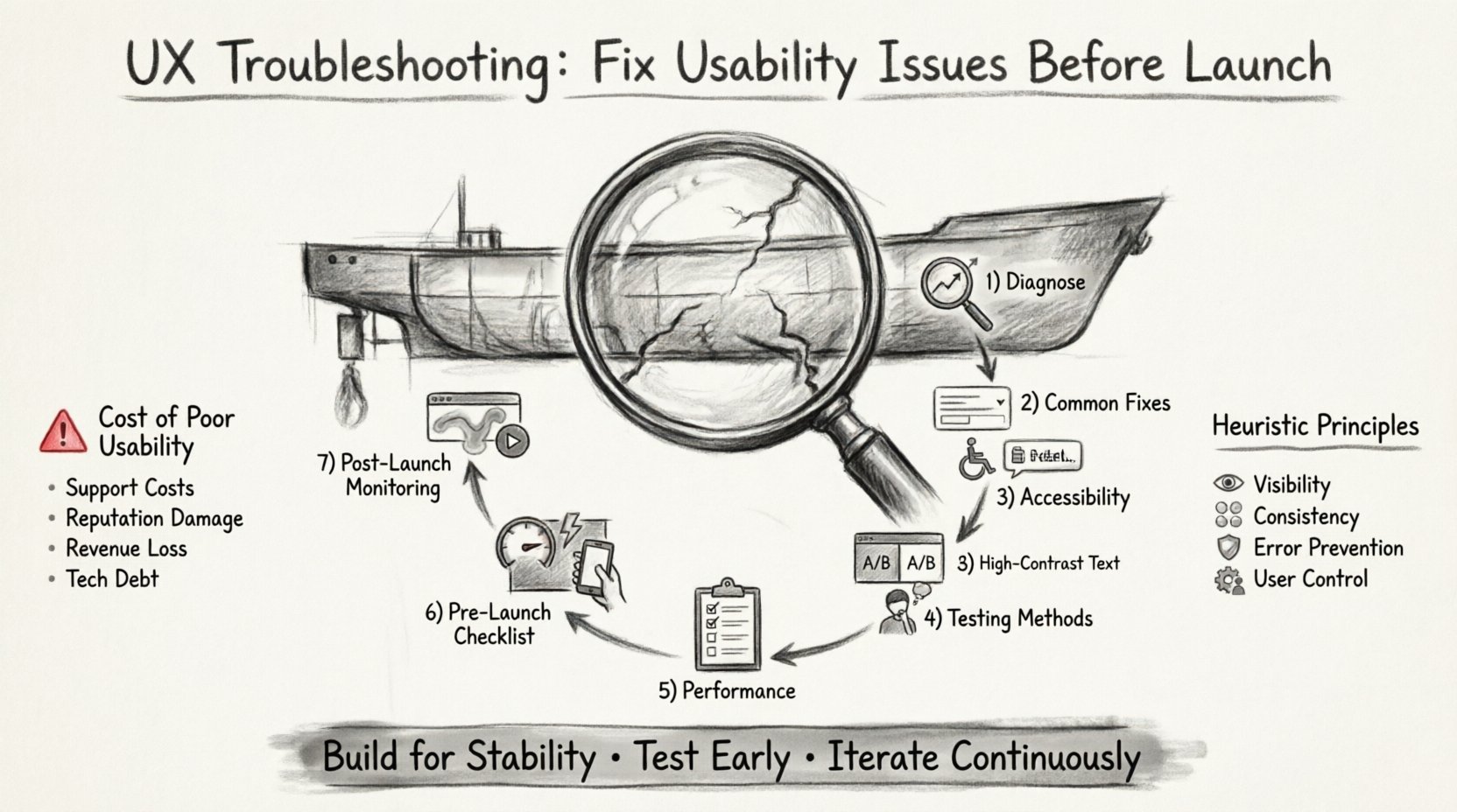 Charcoal contour sketch infographic depicting a 7-phase UX troubleshooting workflow to fix usability issues before launch: diagnose with analytics and heuristic evaluation, apply common fixes for navigation and forms, ensure accessibility and inclusivity, conduct remote and moderated testing, optimize performance speed, complete pre-launch audit checklist, and monitor post-launch metrics—all organized around a central ship-hull inspection metaphor symbolizing proactive quality assurance and user-centered design.
