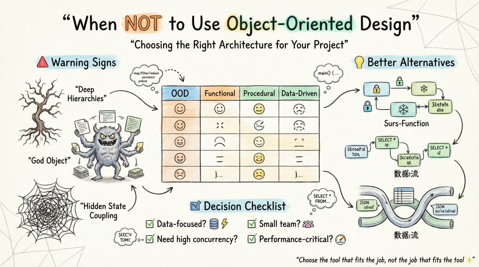 Hand-drawn infographic: When Object-Oriented Design Isn't the Right Choice – visual guide showing warning signs (deep inheritance, God Objects, state coupling), alternative paradigms (functional, procedural, data-driven), architecture comparison matrix, and decision checklist for software developers and architects