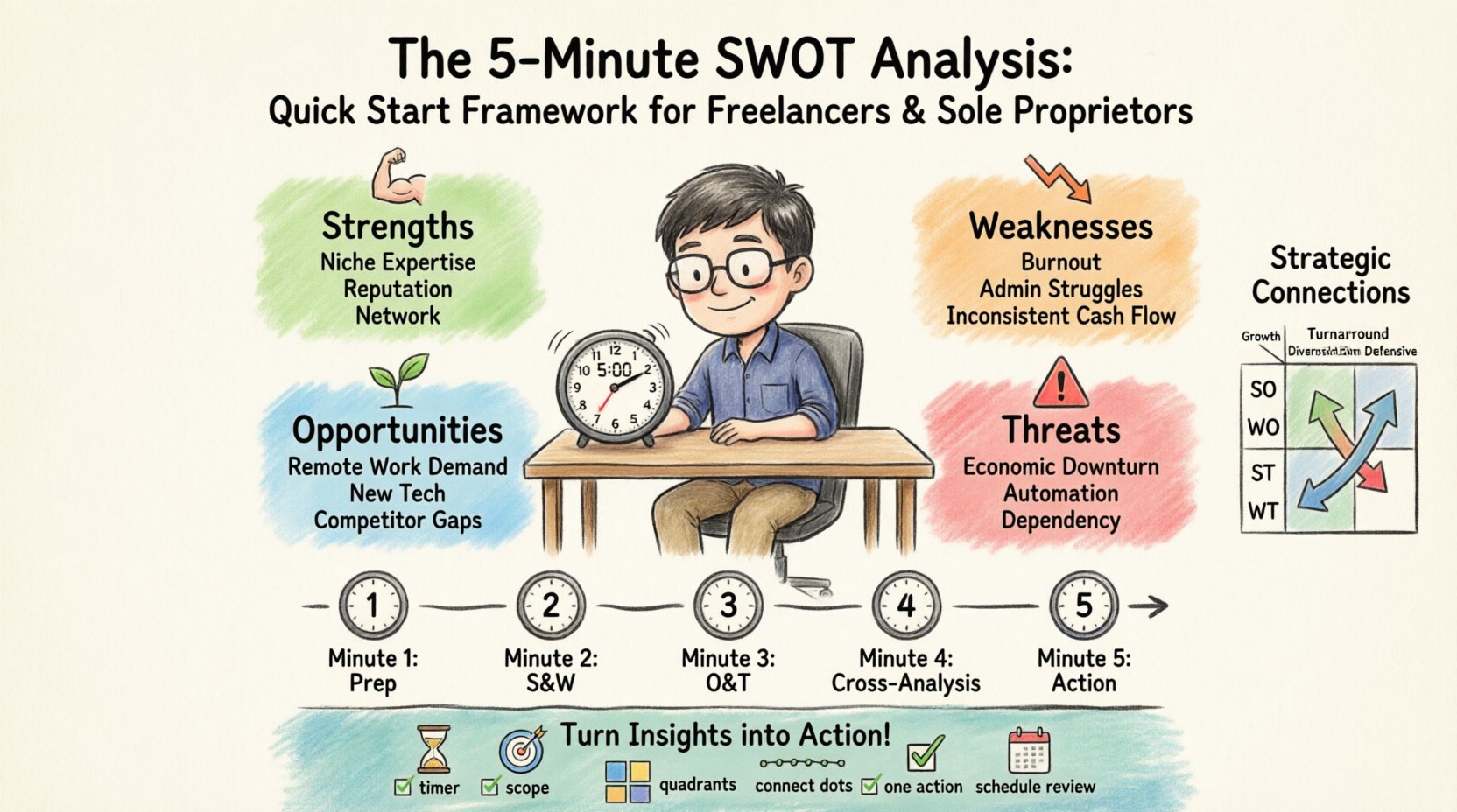 Cartoon infographic illustrating the 5-minute SWOT analysis framework for freelancers and sole proprietors, featuring four color-coded quadrants (Strengths, Weaknesses, Opportunities, Threats) with icons and examples, a 5-step timer execution plan, strategic SO/WO/ST/WT action matrix, and checklist for turning insights into actionable business strategy