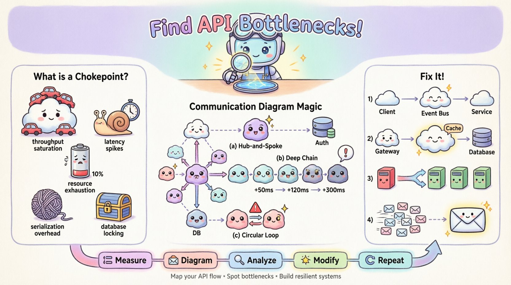 Kawaii-style infographic illustrating how to troubleshoot API chokepoints using communication diagrams, featuring cute vector icons of bottleneck patterns (hub-and-spoke, deep call chains, circular dependencies), remediation strategies (async calls, caching, load balancing), and an iterative debugging cycle in soft pastel colors