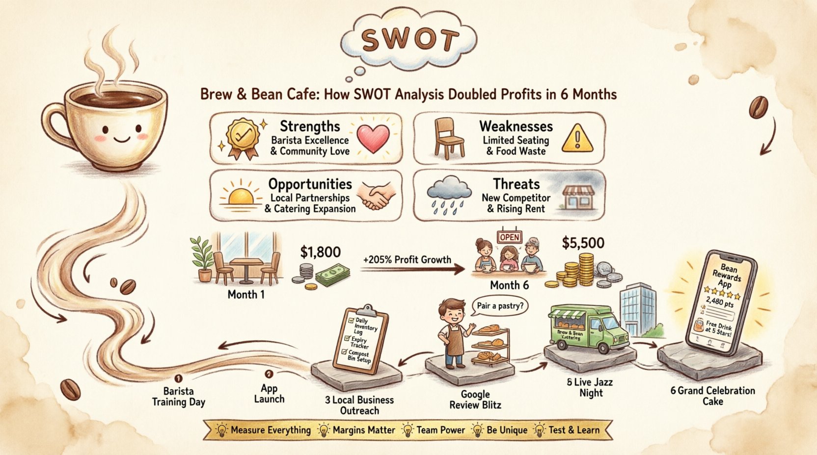 Whimsical infographic illustrating how Brew & Bean cafe doubled profits in 6 months using SWOT analysis: shows SWOT quadrant with strengths (skilled baristas, prime location), weaknesses (limited seating, food waste), opportunities (breakfast combos, corporate catering), threats (new competitor, inflation); displays 4 strategic pillars (upselling, waste reduction, revenue diversification, digital loyalty program); features 6-month execution timeline with monthly milestones; compares before/after metrics ($1,800 to $5,500 monthly profit, +205% growth); includes key takeaways for small business owners on data-driven decisions and margin optimization