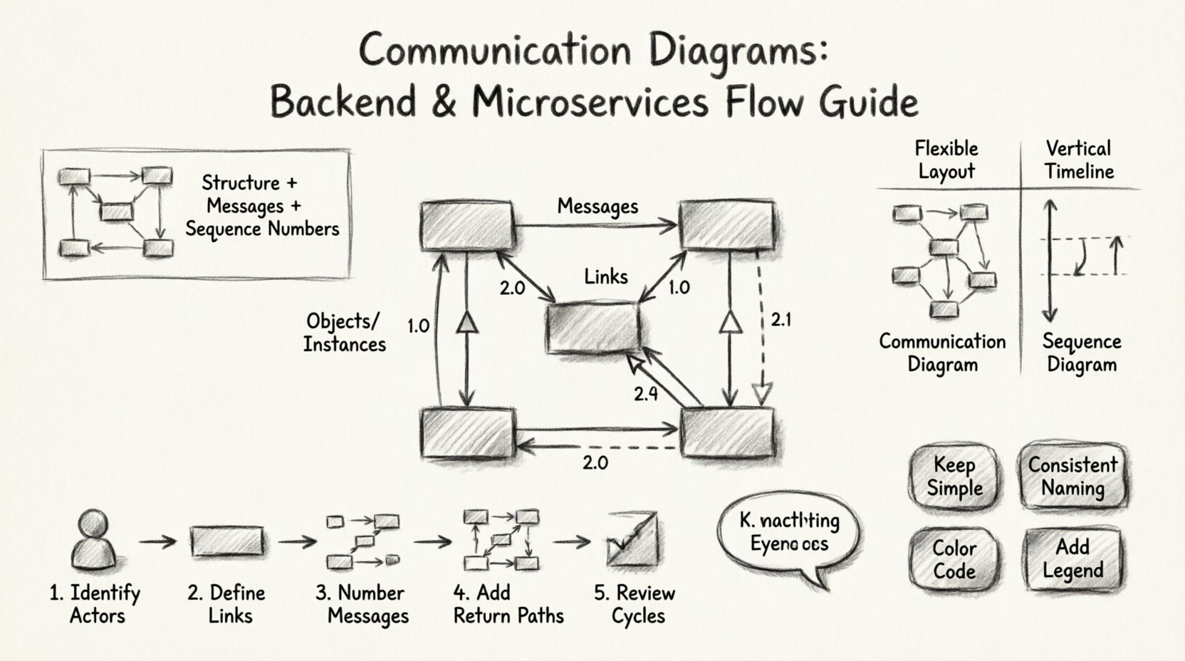 Charcoal sketch infographic illustrating communication diagrams for backend and microservices: shows UML object interactions with structural links, numbered message flows (1.0, 1.1, 2.0), comparison with sequence diagrams, 5-step creation process (identify actors, define links, number messages, add returns, review cycles), microservices async patterns, and best practices for clarity—all rendered in hand-drawn contour style with technical labels in English