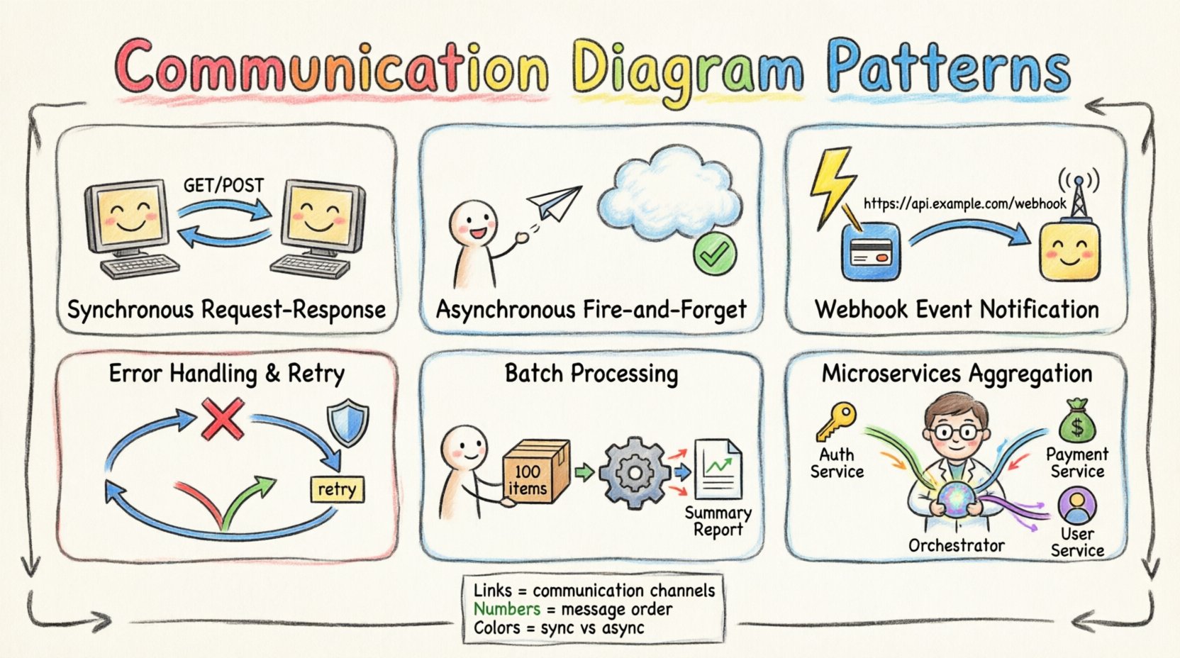 A colorful child's drawing style infographic illustrating six API communication diagram patterns: synchronous request-response with two-way arrows, asynchronous fire-and-forget with paper airplane to cloud queue, webhook event notification with lightning bolt trigger, error handling with retry loops and shield, batch processing with grouped items, and microservices aggregation with orchestrator collecting data - all rendered in playful crayon aesthetic with bright colors, hand-drawn borders, simple icons, and clear English labels for educational use