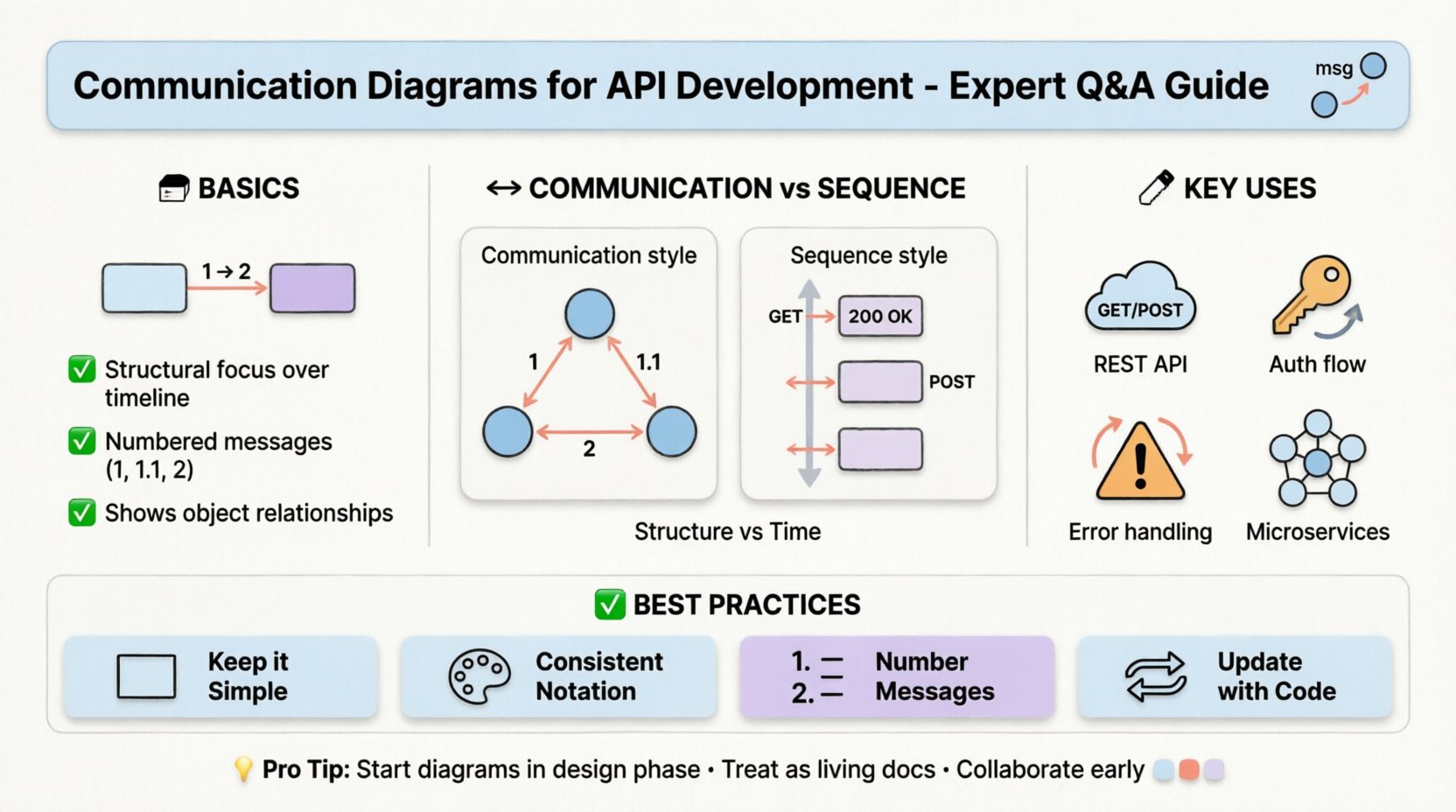 Infographic titled 'Communication Diagrams for API Development - Expert Q&A Guide' in clean flat design with black outlines and pastel accents. Visual summary covering: basics of communication diagrams (structural focus, numbered messages, object relationships); comparison with sequence diagrams showing flexible spatial layout vs vertical timeline; key applications including REST API modeling with HTTP verbs, authentication token flows, error handling with status codes, and microservices dependency mapping; four best practice cards (keep it simple, consistent notation, number messages clearly, update with code); and pro tips footer. Designed with rounded shapes, sky blue and coral pink accents, ample white space, and friendly typography suitable for students and social media sharing. Aspect ratio 16:9.