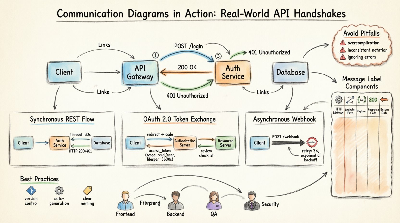 Hand-drawn infographic illustrating communication diagrams for API handshakes, featuring three real-world examples: synchronous REST authentication flow with UI, Auth Service, and Database; OAuth 2.0 token exchange between Client, Authorization Server, and Resource Server; and asynchronous webhook notification pattern. Shows key UML elements including objects as boxes, links as connecting lines, labeled message arrows with HTTP methods and endpoints, and sequence order numbers. Includes message label components reference (HTTP method, endpoint path, payload, response code, return data), best practices for diagram maintenance (version control, automated generation, review cycles, clear naming), team collaboration benefits for Frontend, Backend, QA and Security roles, and common pitfalls to avoid. Designed in warm hand-sketched style with watercolor textures for intuitive understanding of API interaction architecture.
