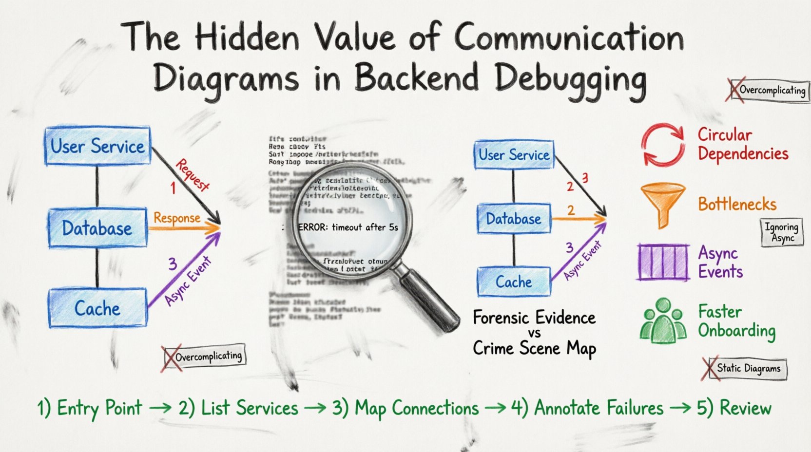 Hand-drawn whiteboard infographic explaining how communication diagrams improve backend debugging: visual comparison of logs vs diagrams, UML components (objects, links, messages), benefits like identifying circular dependencies and bottlenecks, 5-step incident debugging workflow, and common mistakes to avoid for engineering teams