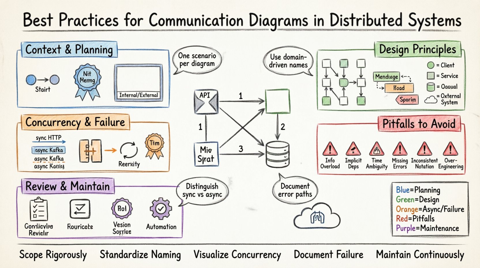 Hand-drawn whiteboard infographic illustrating best practices for creating clear communication diagrams in distributed systems, featuring color-coded sections for context planning, design principles, concurrency handling, common pitfalls, and maintenance strategies, with visual examples of sync/async messaging patterns, node shapes, error propagation paths, and a practical implementation checklist