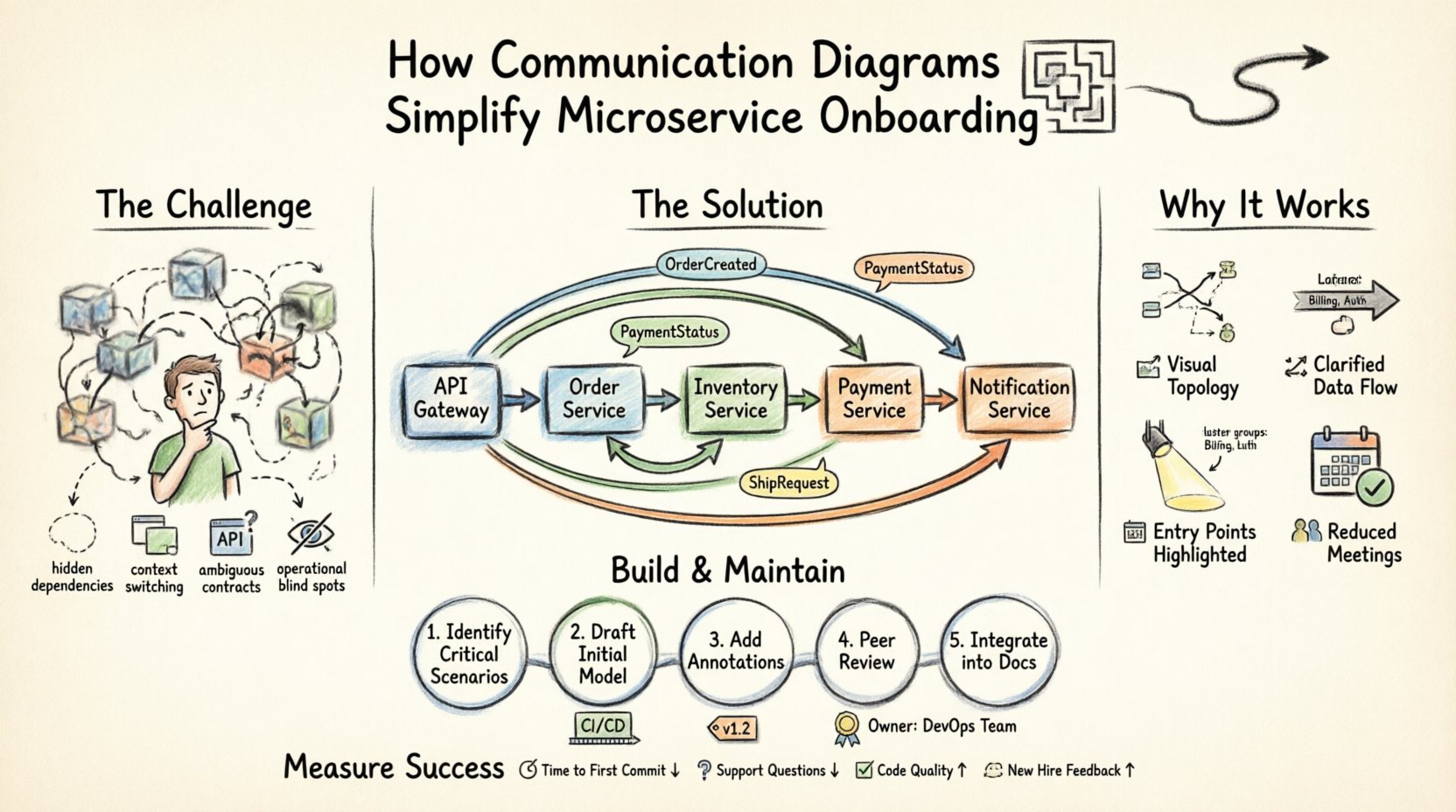 Hand-drawn infographic illustrating how communication diagrams simplify microservice onboarding: shows service topology map with API Gateway, OrderService, InventoryService, and PaymentService connected by labeled message flows; compares communication vs sequence diagrams; highlights four key benefits (visual topology, clarified data flow, entry point identification, reduced meeting load); displays 5-step creation workflow; includes maintenance best practices and onboarding success metrics like time-to-first-commit and support ticket reduction