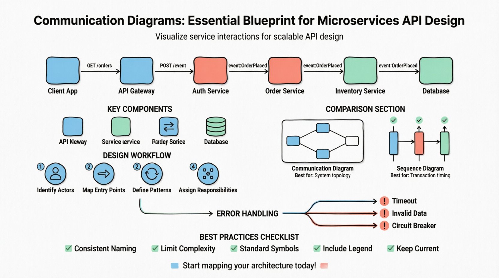 Infographic guide to communication diagrams for microservices API design featuring flat design illustrations of service interactions, message flows, comparison with sequence diagrams, 4-step design workflow, error handling patterns, and best practices checklist in pastel colors with black outlines on white background