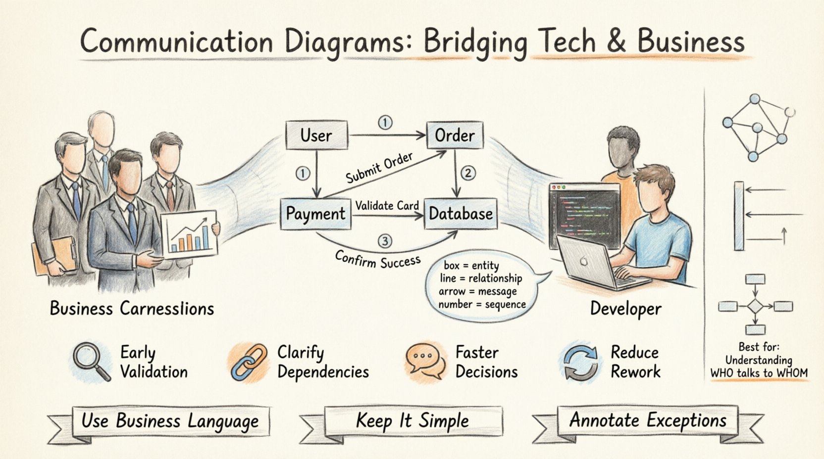 Sketch-style infographic explaining communication diagrams for non-technical stakeholders: shows objects, links, messages, and numbered sequences bridging business and tech teams, with key benefits, reading guide, and diagram comparison in hand-drawn visual style