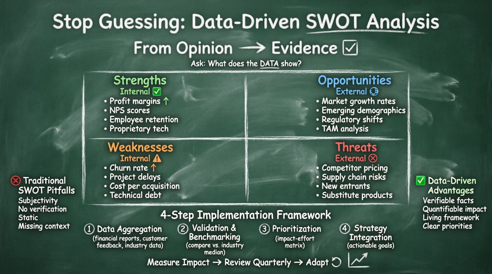 Chalkboard-style infographic illustrating a data-driven SWOT analysis framework with four quadrants showing key metrics for Strengths, Weaknesses, Opportunities, and Threats, plus a 4-step implementation process for evidence-based business strategy planning