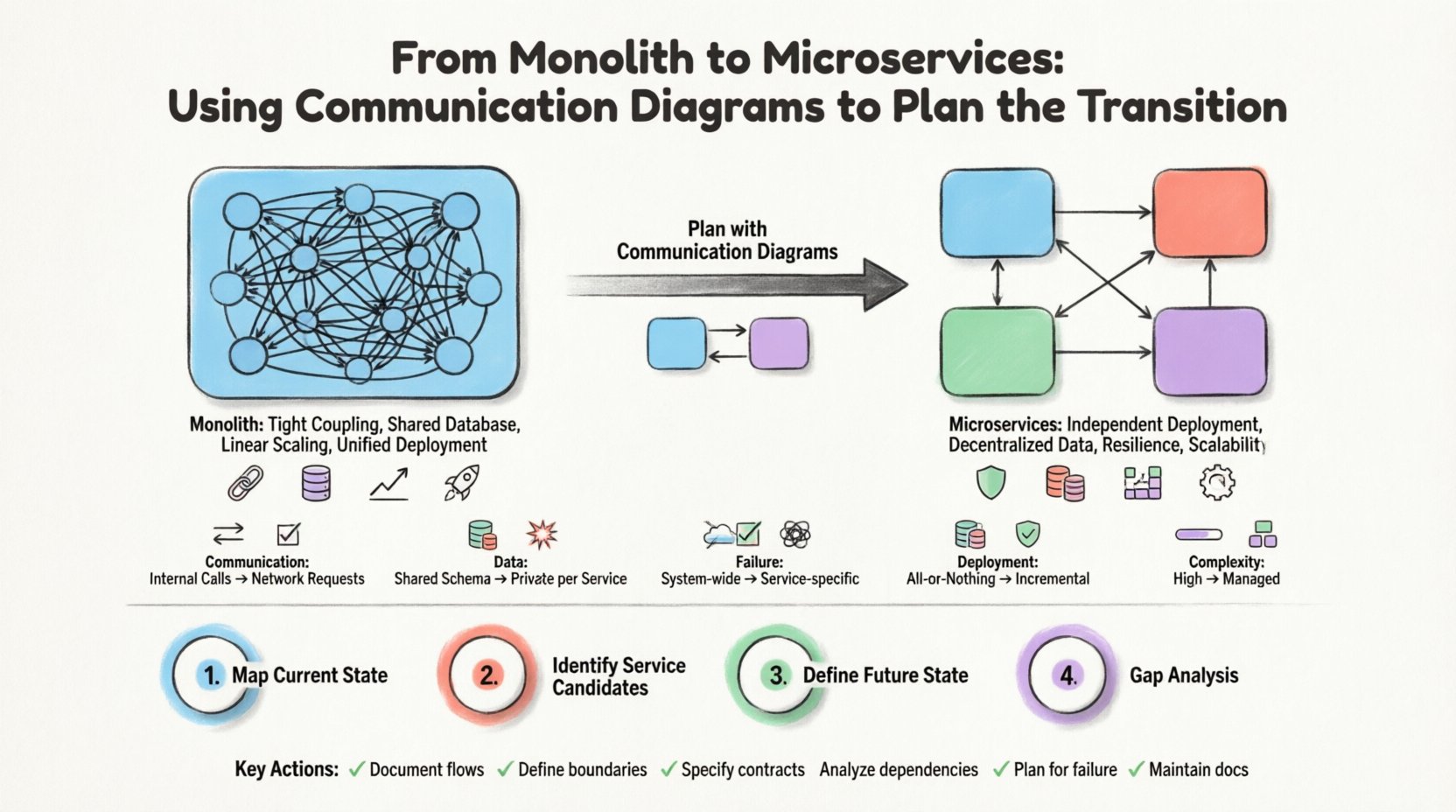 Infographic illustrating the transition from monolithic architecture to microservices using communication diagrams, featuring side-by-side comparison of architectural characteristics, a 4-step planning workflow, key benefits like independent deployment and resilience, and best practices checklist, designed in clean flat style with pastel colors and rounded icons for educational and social media use