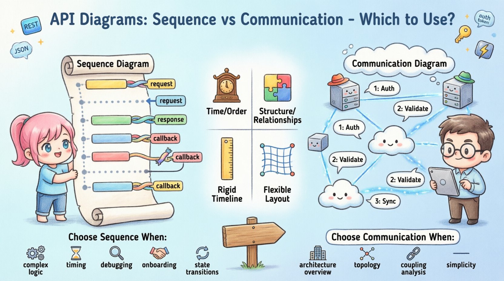 Chibi-style infographic comparing Sequence Diagrams and Communication Diagrams for API design, showing key differences: Sequence Diagrams focus on time-based message flow with vertical timelines, lifelines, and activation bars for complex logic and debugging; Communication Diagrams emphasize structural relationships with flexible node layouts for system topology and high-level overviews; includes decision framework with visual cues for when to choose each diagram type in API documentation workflows
