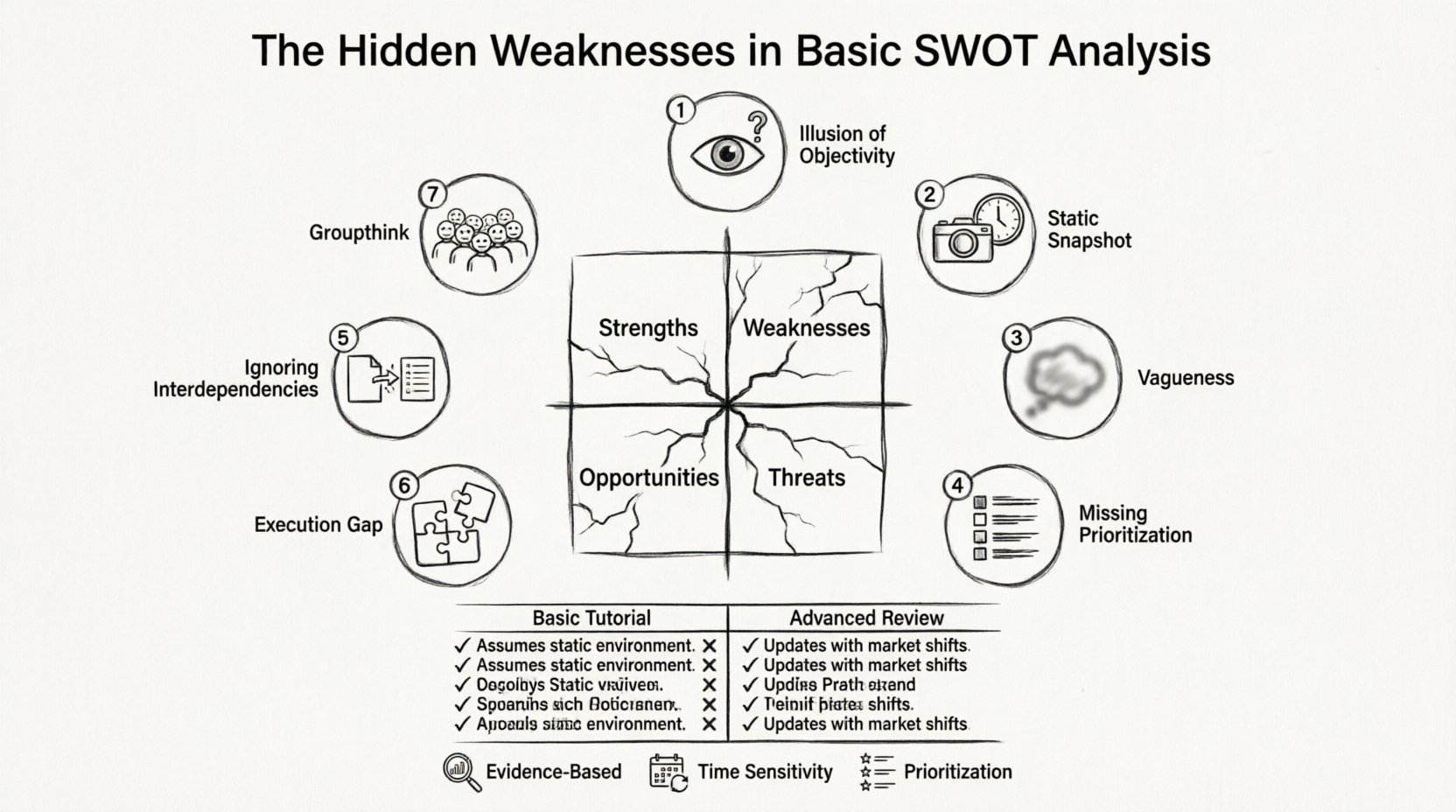 Line art infographic illustrating 7 hidden weaknesses in basic SWOT analysis tutorials: illusion of objectivity, static snapshot problem, vagueness, missing prioritization, ignored interdependencies, execution gap, and groupthink. Features central SWOT grid with crack lines, numbered icon badges for each weakness, basic vs advanced strategic review comparison, and key mitigation strategies. Black minimalist line art on white background, 16:9 aspect ratio, educational business strategy visual.