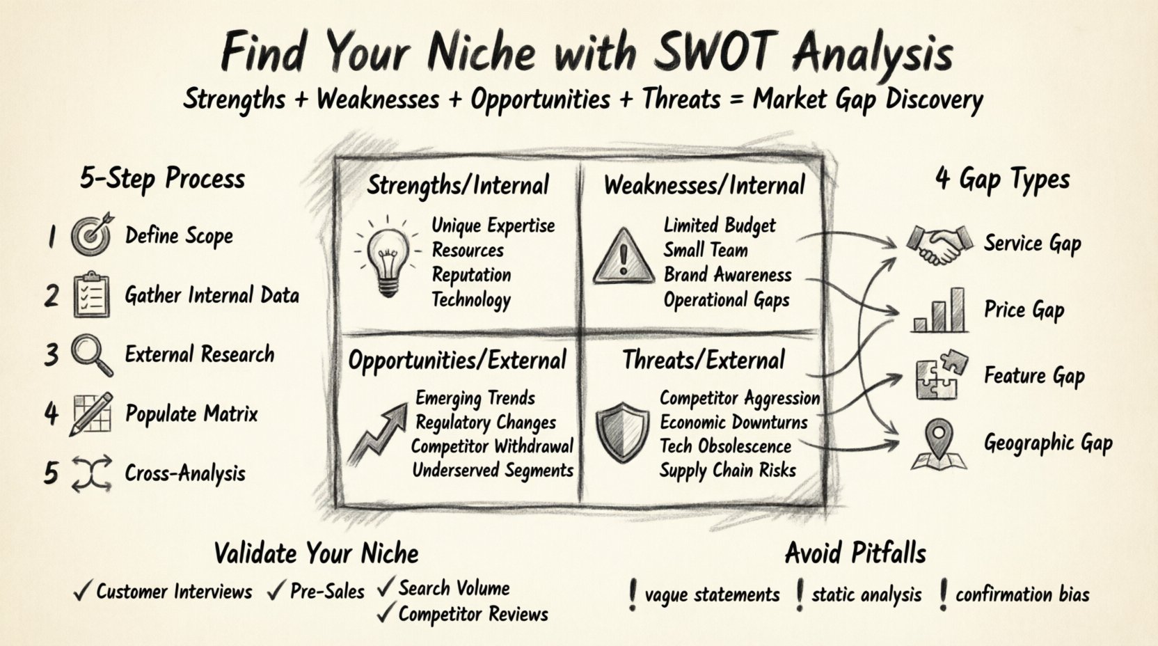 Charcoal contour sketch infographic showing how to use SWOT analysis to find your market niche: central 4-quadrant matrix (Strengths, Weaknesses, Opportunities, Threats), 5-step discovery process, four gap types (Service, Price, Feature, Geographic), and niche validation checklist for entrepreneurs and strategic planners