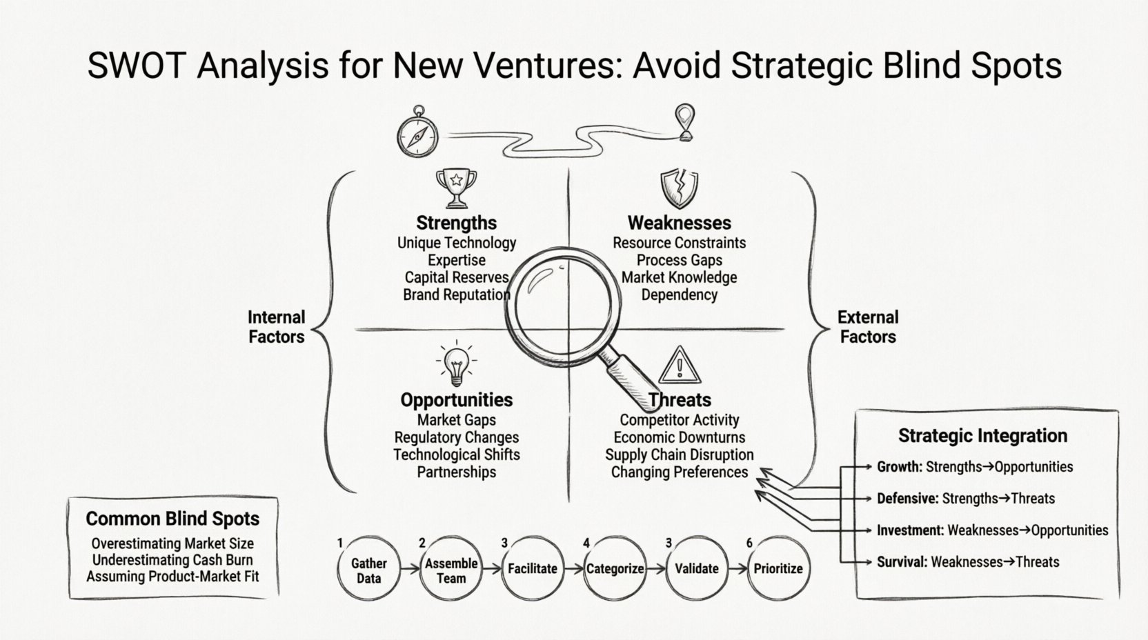 Line art infographic illustrating SWOT analysis framework for new ventures: four-quadrant matrix showing internal factors (Strengths: unique technology, expertise, capital, brand; Weaknesses: resource constraints, process gaps, knowledge gaps, dependencies) and external factors (Opportunities: market gaps, regulatory changes, tech shifts, partnerships; Threats: competitor activity, economic downturns, supply chain issues, changing preferences), plus 6-step analysis process flow, strategic integration pathways connecting quadrants for growth/defensive/investment/survival strategies, and key blind spot warnings to help startups plan with clarity