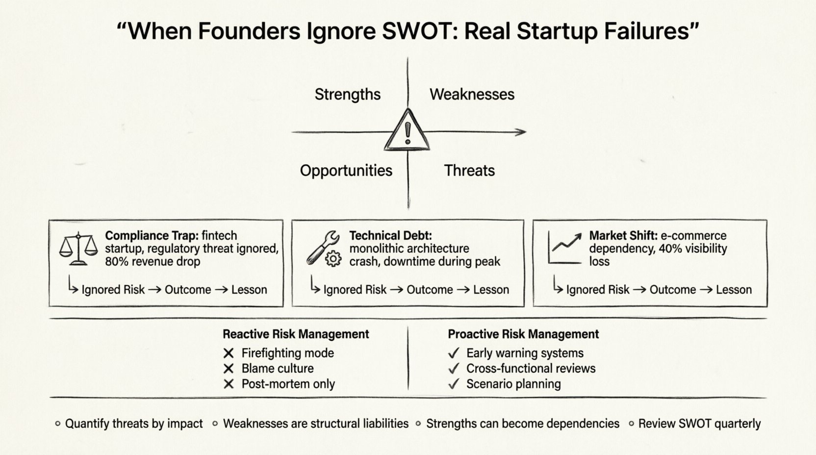 Line art infographic illustrating three real startup case studies where ignoring SWOT analysis risks led to business failures: compliance trap in fintech, technical debt crisis in SaaS, and market shift blindspot in e-commerce, with key lessons on proactive risk management, quarterly SWOT reviews, and building a culture of strategic awareness for sustainable growth