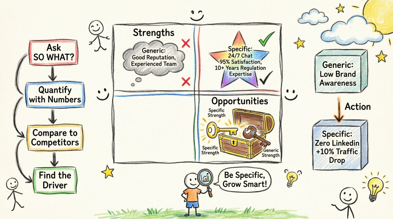 Child's drawing style infographic explaining SWOT analysis for small businesses: shows why generic strengths like 'good reputation' fail versus specific strengths like '24/7 chat 95% satisfaction'; features colorful four-quadrant SWOT grid, key-and-lock metaphor for Strength-Opportunity matching, 'Ask SO WHAT?' refinement flowchart, and before/after examples transforming vague entries into actionable strategies; playful crayon aesthetic with stick figures, bright primary colors, and handwritten English text to make strategic planning approachable and memorable