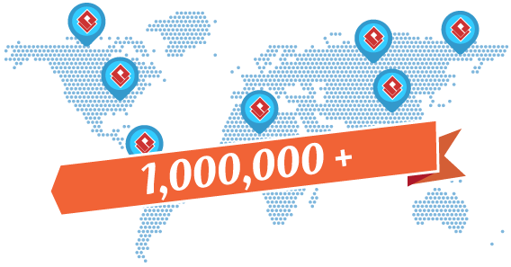 Orange banner displays one million plus location markers on world map. Orange banner displays one million plus location markers on world map.